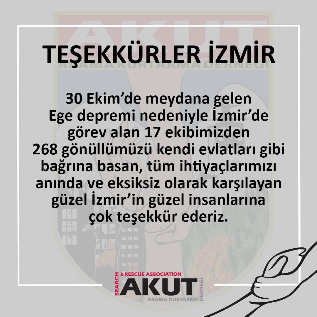 AKUTDernegi's tweet photo. 30 Ekim’de meydana gelen Ege depremi nedeniyle İzmir’de görev alan 17 ekibimizden 268 gönüllümüzü kendi evlatları gibi bağrına basan, tüm ihtiyaçlarımızı anında ve eksiksiz olarak karşılayan güzel İzmir’in güzel insanlarına çok teşekkür ederiz.

#İzmir
#deprem
#Yanındayızİzmir https://t.co/CLT5A8fnKu