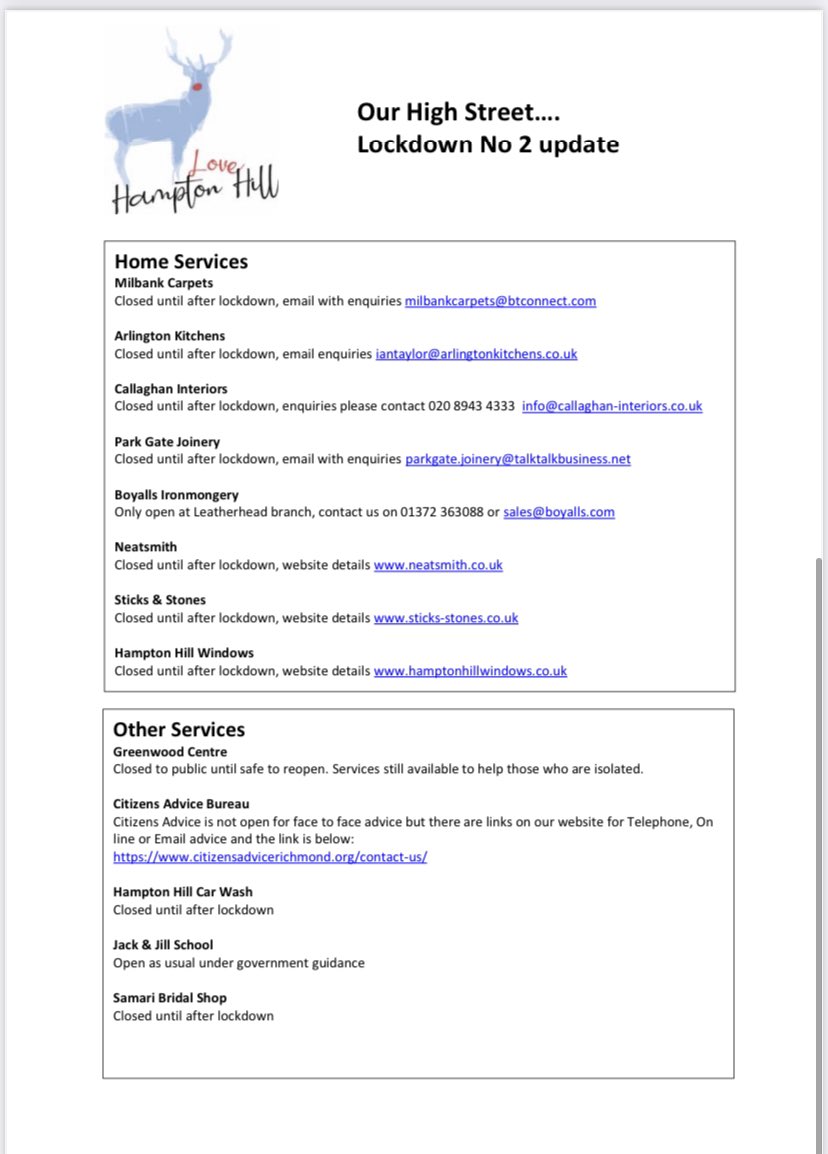 Some of Hampton Hill businesses are still open during lockdown or operating a click &amp; collect service... remember to support local #Lockdown2 #supportlocal <a href="/Visit_Richmond1/">VisitRichmond</a> <a href="/LBRUT/">Richmond Council</a> <a href="/Gareth_Roberts_/">Gareth Roberts</a> <a href="/GCC_HamptonHill/">Greenwood Community Centre</a> @The_Local_Card