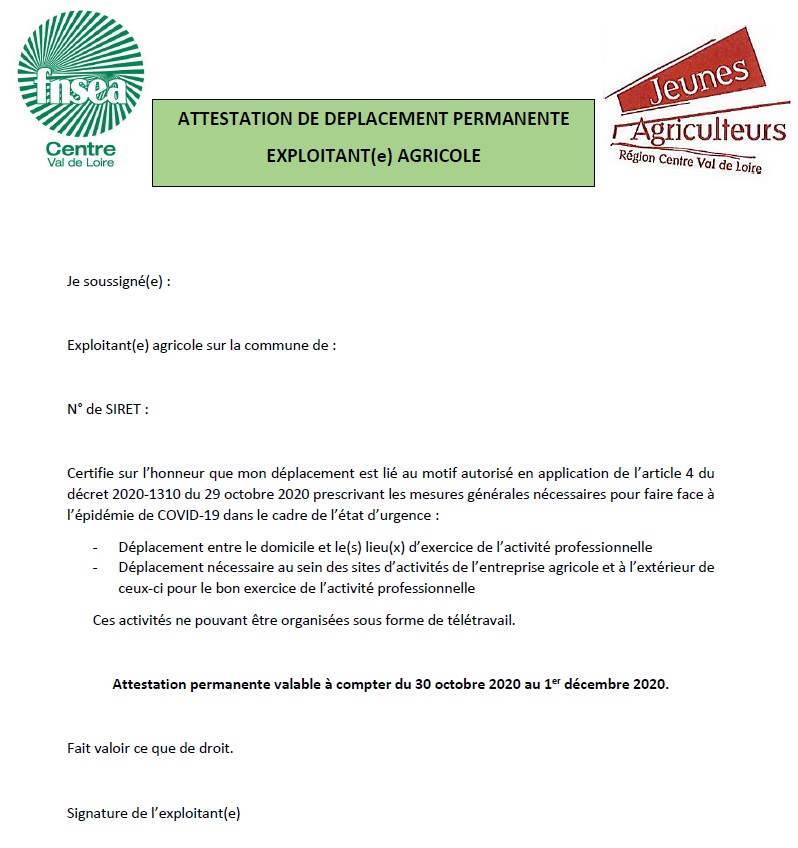 FNSEA37's tweet photo. Nous proposons aux agriculteurs une attestation permanente de déplacement. 
Elle est disponible sur le site https://t.co/A1D24e38SM.
Elle a été validée par les autorités régionales. https://t.co/VF0pCLUpMW