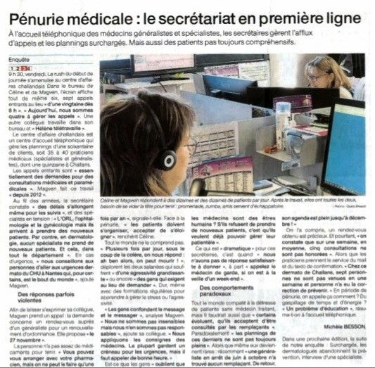 StephGendreCAC's tweet photo. Le Centre d'Affaires Challandais, au cœur d'un reportage réalisé par Ouest France fin octobre, dans lequel il est notamment évoqué le quotidien des télésecrétaires de CAC85 mais surtout, la pénurie de médecins rencontrée sur Challans et ses environs. https://t.co/s9jiNgvSoJ