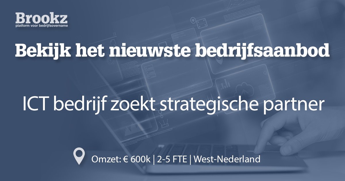 Brookz_NL's tweet photo. Bekijk hier de nieuwst geplaatste verkoopprofielen op Brookz en kom in contact met de verkopende partijen 👇
https://t.co/rDd2vRvVLh
#Brookz #bedrijfsovername #overname https://t.co/zgWjnQOHWw