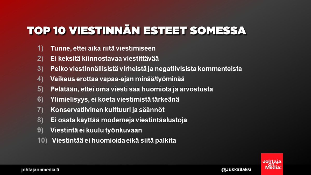 JukkaSaksi's tweet photo. Sparrasimme johtoryhmän kanssa viestinnän esteistä. Jälleen tunne siitä, ettei aika riitä viestimiseen, nousi keskeiseksi. Toisaalta kaikkeen tärkeään tulisi löytää aikaa. Tämä listaus on herättänyt keskustelemaan, että ovatko esteet todellisia 👍
#viestintä #johtaminen #some https://t.co/g3jZ7PotMC