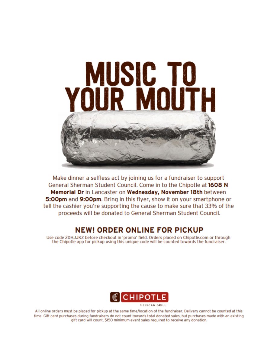 Student Council will be holding a fundraiser at Chipotle on Memorial Drive on Wednesday, November 18th from 5-9 pm.  Proceeds from this event will go towards helping families in our community during the holidays!