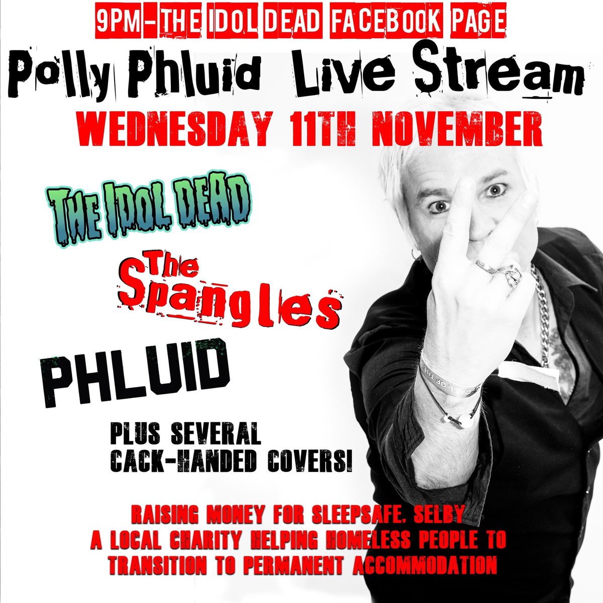 SpanglesThe's tweet image. Back once again to brighten up your lockdown, @Polly_Phluid's hot live-stream action, this time in aid of local charity @Sleepsafeselby who provide emergency temporary accommodation for those in need. Tune in next Wednesday at 9pm on @TheIdolDead's fb page!