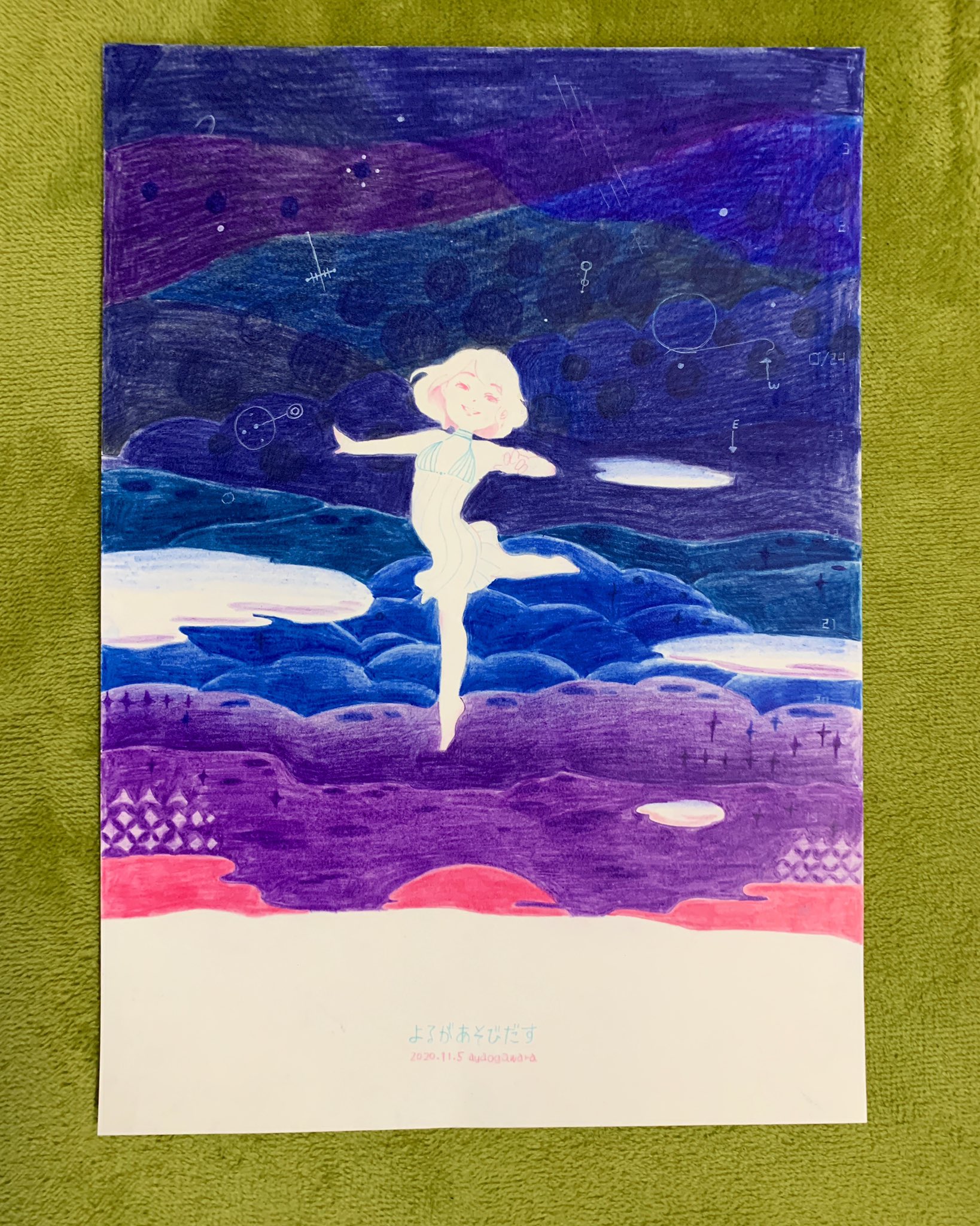 おがわら あや ついに新作ができました ちょい長トンネル乗り越えた 細かく白でらくがきしてあります 展示に出す予定なので もし良ければらくがきに込めた哲学見に来てください ๑ ᴗ 絵 イラスト らくがき 色鉛筆 夕焼け 夜 夜空
