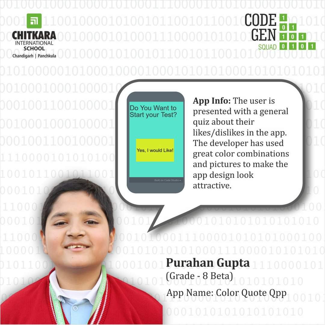 chitkara_school's tweet image. App link: bit.ly/35Xo2Uu
Exhibiting his technical skills, Purahan Gupta, a student of grade 8 Beta and a member of Codegen squad has created a web app named Quiz app using code.org.
#CIS #ChitkaraInternationalSchool #CodeGenSquad #Squad #Coding