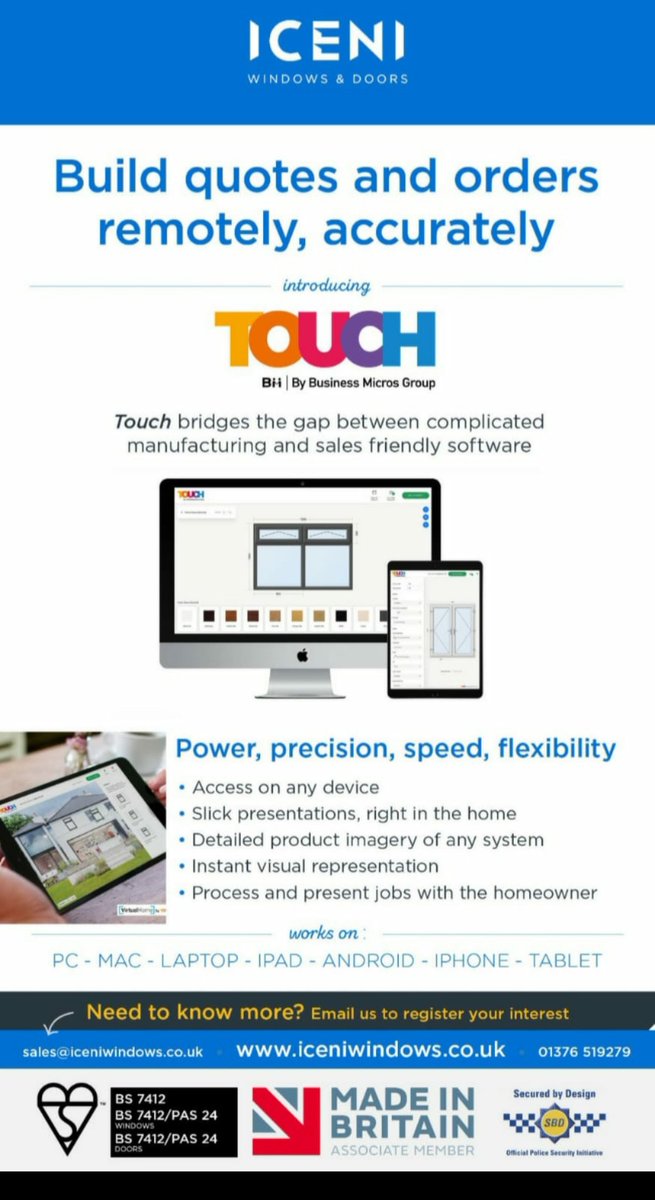 Not long now until our touch software by business micros will be ready! 
. Process and order your own jobs.
. Add your mark up and present professional quote to your customer's. 
. Add images of the windows to the customers house.
. Access on any device for instant quotes.