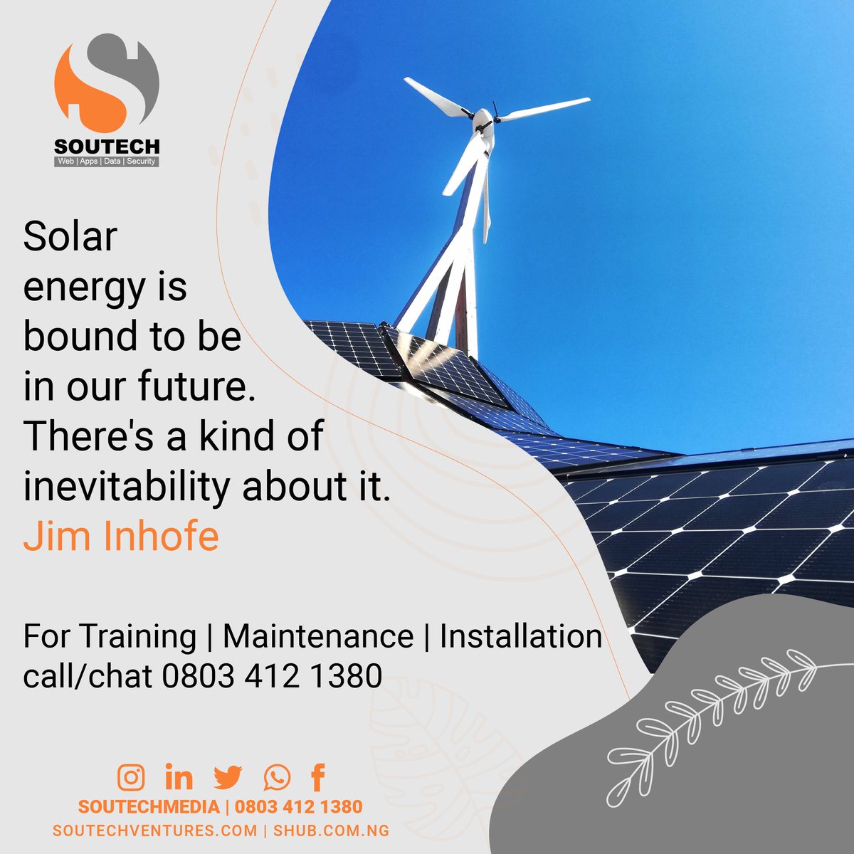 soutechmedia's tweet photo. Solar energy is bound to be in our future. There's a kind of inevitability about it.
Jim Inhofe
For Training | Maintenance | Installation call/chat 0803 412 1380
#SOUTECHVentures #SOUTECHMedia #solarenergy #solarenergy https://t.co/BmmsPFkfIh