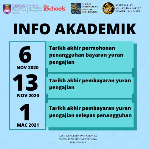 smfim_official's tweet photo. Berikut merupakan tarikh-tarikh penting berkenaan pembayaran yuran pengajian bagi sesi Oktober 2020
Tarikh akhir permohonan penangguhan yuran pengajian adalah pada 6 November 2020:
https://t.co/O8sSg3vsAB
#SMFPM
#UiTMDiHatiku
#KamiUiTM
#48in1 https://t.co/WefD6DdQEm