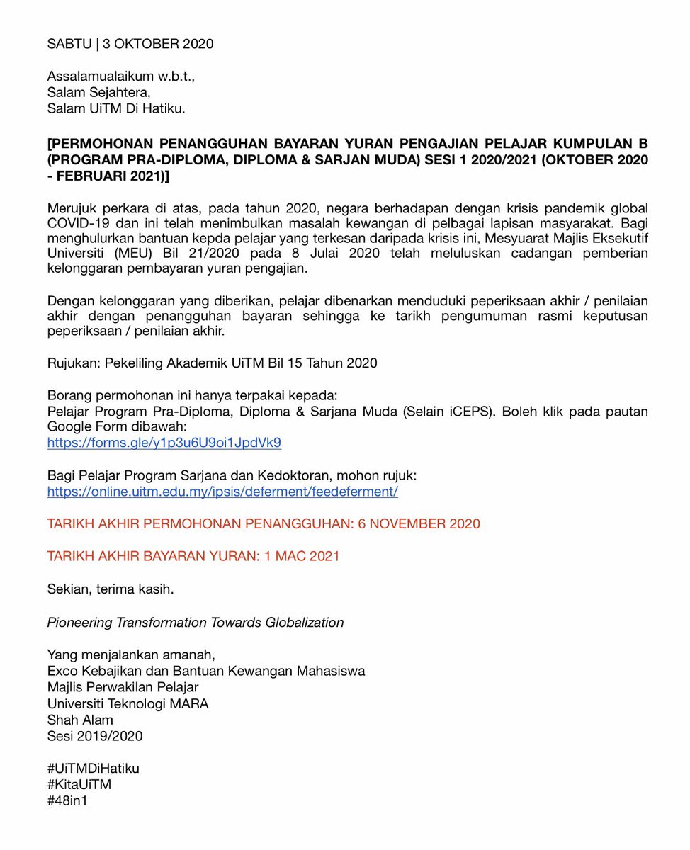 smfim_official's tweet photo. Berikut merupakan tarikh-tarikh penting berkenaan pembayaran yuran pengajian bagi sesi Oktober 2020
Tarikh akhir permohonan penangguhan yuran pengajian adalah pada 6 November 2020:
https://t.co/O8sSg3vsAB
#SMFPM
#UiTMDiHatiku
#KamiUiTM
#48in1 https://t.co/WefD6DdQEm
