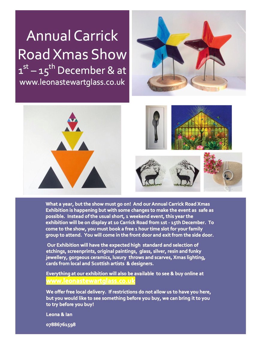 Our Annual Carrick Road Xmas Show will hopefully be allowed to welcome you in depending on tier level, but all the artworks and crafts will be available to see and buy on our online shop. leonastewartglass.co.uk/art-xmas-show &amp; wwwleonastewartglass.co.uk/craft-xmas-show <a href="/natasharadical/">Natasha</a> <a href="/palebackwriter/">Gabriella Bennett</a>