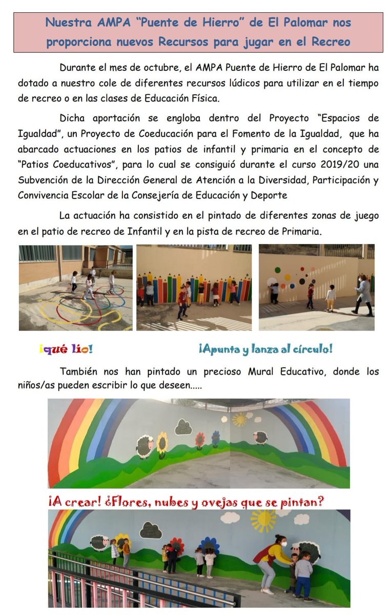 CPRMaestroRCV's tweet photo. ¡Buenos días! Os dejamos los nuevos recursos proporcionados por nuestro AMPA "Puente de Hierro" de El Palomar para jugar en el recreo. Gracias y felicitaciones por el trabajo realizado.
#escuelarural https://t.co/YWXMsNFnLr