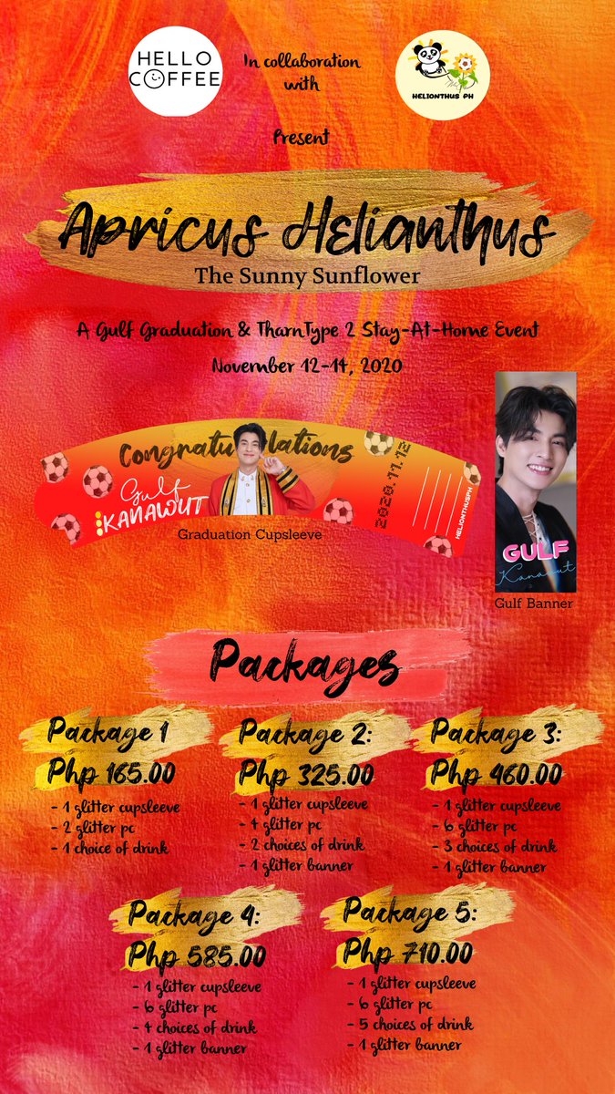 helionthusMG's tweet photo. Hi PH Waanjais! Join us & @hellocoffeecafe as we celebrate Gulf's graduation & TharnType 2 this Nov. 12-14, 2020 for our event Apricus Helianthus!
Pay as you order form: https://t.co/n3OLP1e7E2
#GulfKanawut #MewSuppasit
#MewGulf #หวานใจมิวกลัฟ
#JaFirst #HaiiTitle #BoatJame https://t.co/SspuzfMrcy