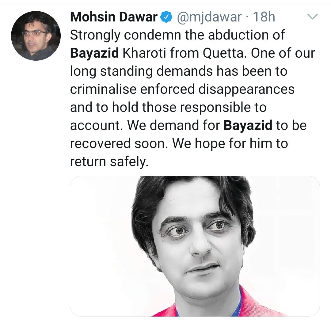 1. Fake abduction news of Bayazid kharoti (a journalist from Balochistan) and his anti-state statement after release. 2. Target killing of Malik Nafees Haiderkheil in Mir Ali this morning.3. Attack on brother of Abdullah Nangyal in Tank by a person portrayed as state-sponsored.