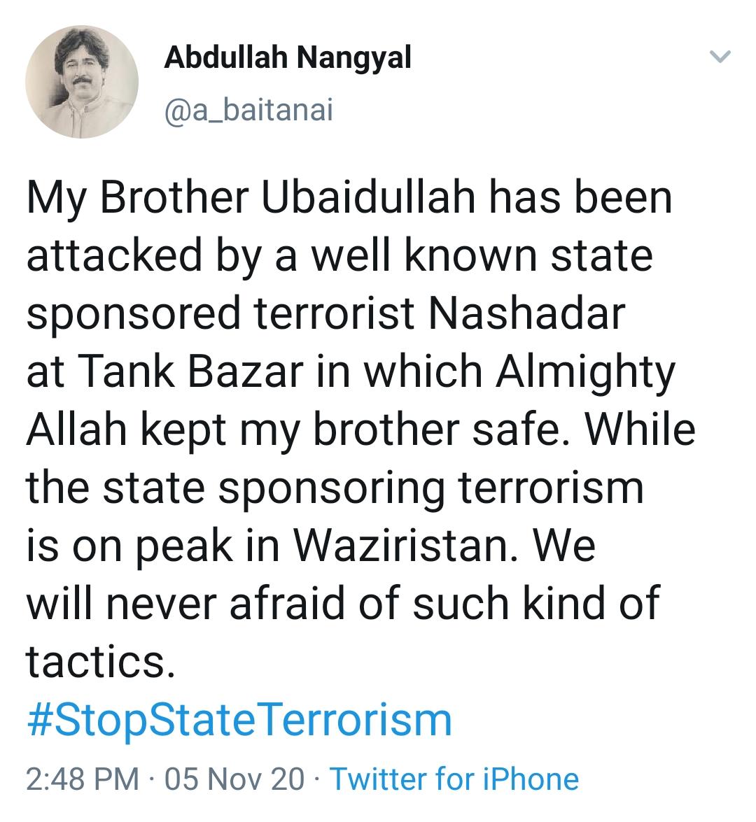 1. Fake abduction news of Bayazid kharoti (a journalist from Balochistan) and his anti-state statement after release. 2. Target killing of Malik Nafees Haiderkheil in Mir Ali this morning.3. Attack on brother of Abdullah Nangyal in Tank by a person portrayed as state-sponsored.