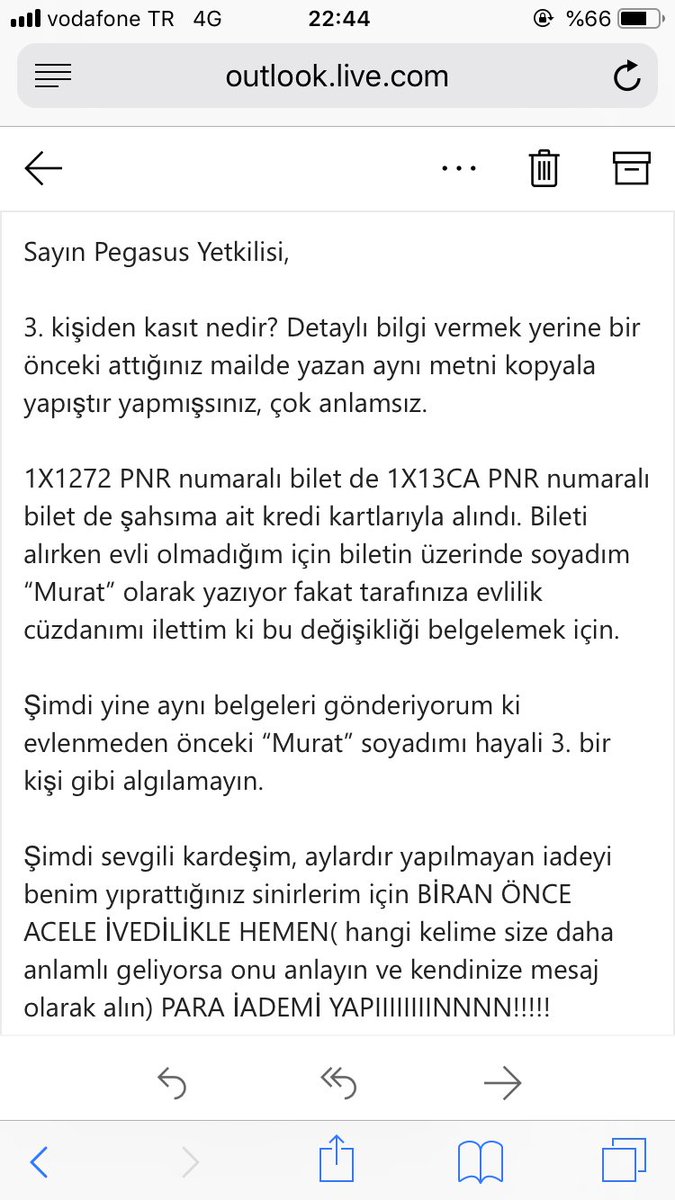 murat___sinem's tweet photo. @pegasusdestek @UABakanligi 539₺ daha iade etmeniz https://t.co/fFVqeMjmky zaman yapacaksınız? @pegasusdestek @ucurbenipegasus @onur2007 @aycankurtogluu @FOXhaber pegasus covid sebebiyle aylardır para iadesi yapmıyor ve iade tamamlanmıştır diye bir de mesaj atıyor. Ayıp ayıp! İnsanları süründürüyorsunuz. https://t.co/vZdWjDlfJb