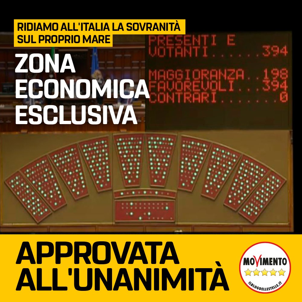 M5S_Camera's tweet photo. APPROVATA LA ZONA ECONOMICA ESCLUSIVA

Grazie all’impegno del MoVimento 5 Stelle abbiamo approvato un importante provvedimento che l’Italia attendeva da ben 26 anni.
Anche l'Italia avrà una sua Zona Economica Esclusiva, al pari degli altri Paesi che affacciano nel Mediterraneo. https://t.co/egLGAIjWG5