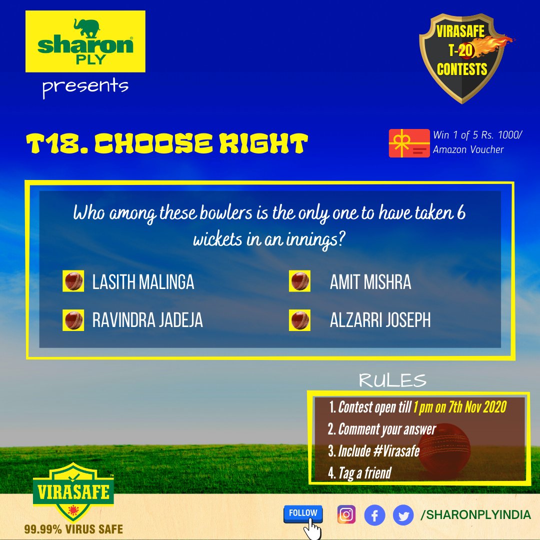 VIRASAFE T20 contest #T18
Lucky 5 will each win Rs 1000 Amazon voucher

Rules: 
1.Name the player (Only one on the list to take 6 wickets/innings)
2.Add #VIRASAFE and tag a friend
3.Contest open till 1 pm on 07 Nov 2020

<a href="/india4contests/">india contest</a>

 #ContestAlert