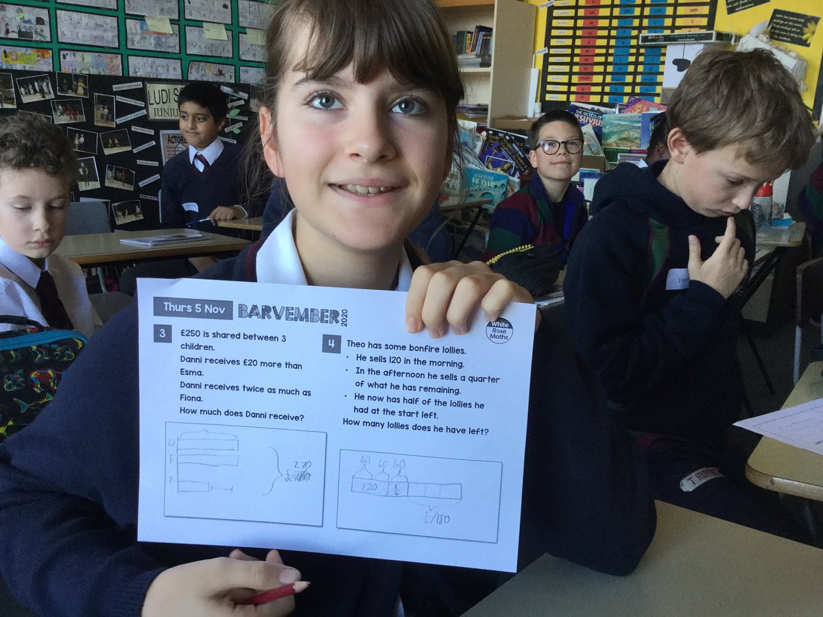BWPMaths's tweet photo. Sophie in Year 6 was so pleased to be first to finish Question 4 today. Way to go Sophie 👏👍👏👍 #Barvember2020 @WhiteRoseMaths #GirlsInSTEM https://t.co/qxbLc9729c