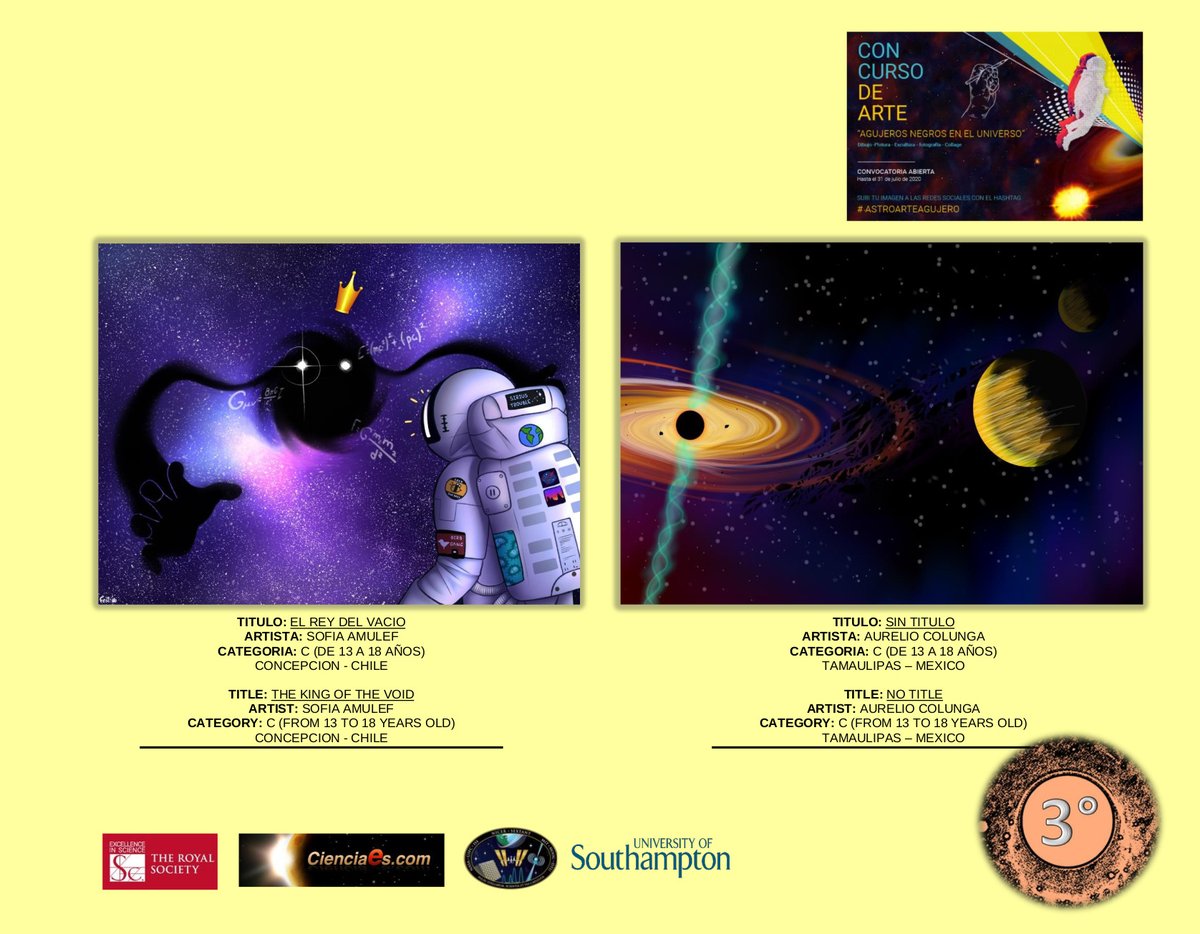 AstroAltamirano's tweet photo. ¡Felicitaciones Sofía (@festi_chicken) y Aurelio! Con su obras han obtenido el 3er puesto en la Categoría C del #concurso #astroarteagujero. 

Para más información, visitamos en nuestra pagina  https://t.co/XYWh2tGv9Q. https://t.co/nLMPhgHX3F