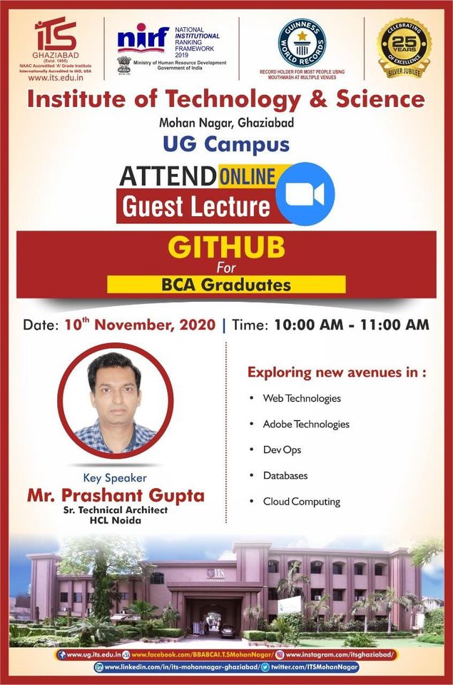 ITSMohanNagar's tweet photo. @ITSMohanNagar UG Campus is organizing an Online Guest Lecture for BCA V semester students on 10 November’20 on the topic “Github”.
More info: https://t.co/gFTrLe1JBk

#BCA #BCA_Admission2020 #BCACourse #BCACollege #BCASyllabus #BCACourseDetails #BestBCACollege https://t.co/5MjiZKl0gC