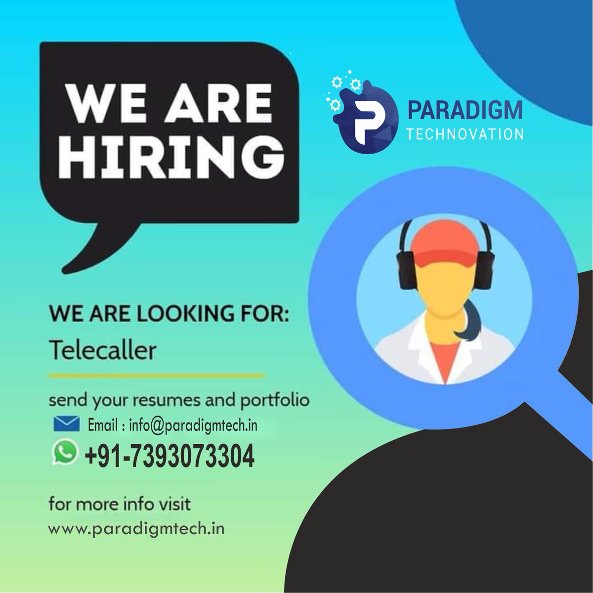 paradigmtech07's tweet photo. Paradigm Technovation  is hiring....!!!!

Please read complete description and apply if you are eligible.

Required a Telecaller....

JOB DESCRIPTION:-

Experience: Fresher or 
Experienced (Anyone Can Apply).

Education: 12th, graduate or post graduate (anyone). https://t.co/F1s1PchtO0