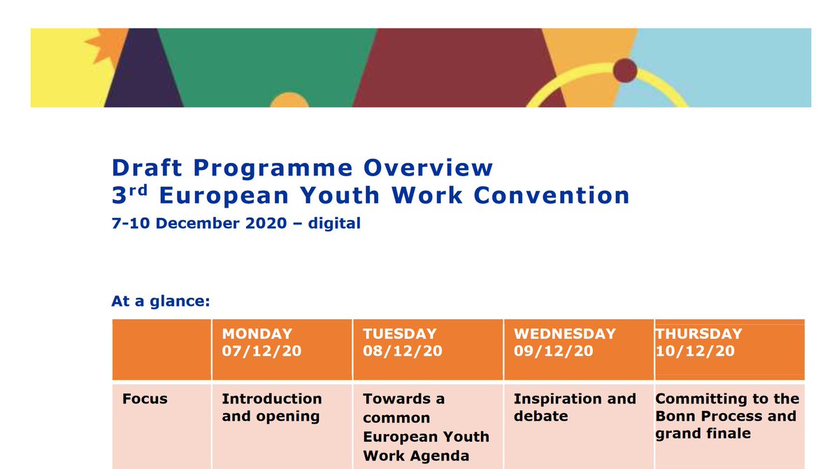 3rd_eywc's tweet photo. The #3rdEuropeanyouthworkconvention is getting closer, and we are currently working on filling its programme with life, but here is a first outline to give you an impression of what we are planning. https://t.co/ikDlZKrfEl
#eywc2020 #youthworkineurope #europeanyouthwork https://t.co/OrSEHeN4Fr