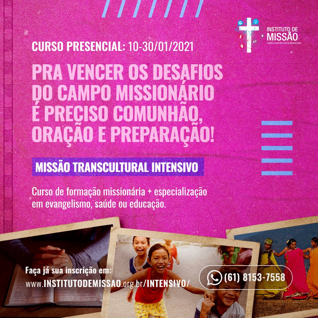 Você sabia que a educação é uma das maiores frentes de atuação no campo missionário, permitindo o ensino do evangelho em outras culturas?
O curso de  Missão Transcultural Intensivo te dá a oportunidade de se especializar nessa área.
Inscrições abertas: institutodemissao.org.br/intensivo/