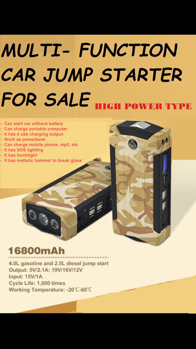 DeyeleAdesida's tweet photo. Portable multifunction car jump starter for sale.
- Can start car without battery.
-Work as powerbank
-It support power charge/supply for mobile phones, laptop,psp,mp3/mp4, etc
#inecchairman
#NengiIsComing
#EricaPepperDem
#EricaPepperDem
#NANS
#Sunny
#Maggi
#30%English
#our queen https://t.co/rxBQlrEDYZ