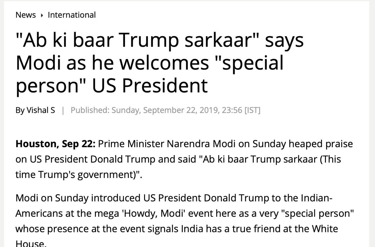 Dear PM  @narendramodi, this is a very short thread on what happens when not-so-sharp people in high positions make irresponsible statements.Let me start with you. This is you openly meddling in the election of a foreign country. 1/n