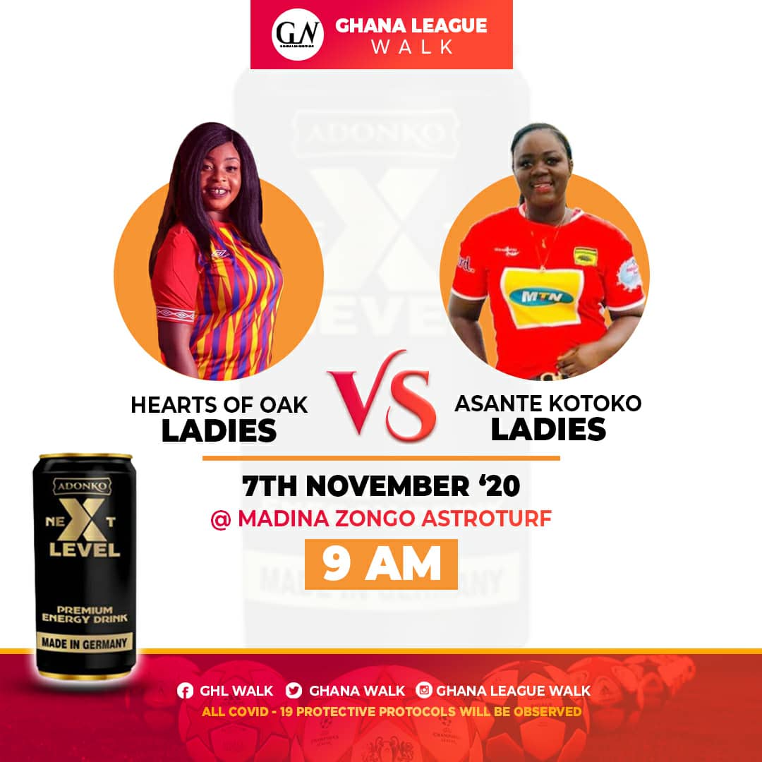 GhanaWalk's tweet photo. @HeartsOfOakGH Ladies will engage @AsanteKotoko_SC Ladies at the Madina Zongo Astroturf to climax the walk. I don't think you wanna miss this.
#GLW2020 #supportyourlocalteam #SupportYourOwn #bringbackthelove https://t.co/lUlZdAj39Z
