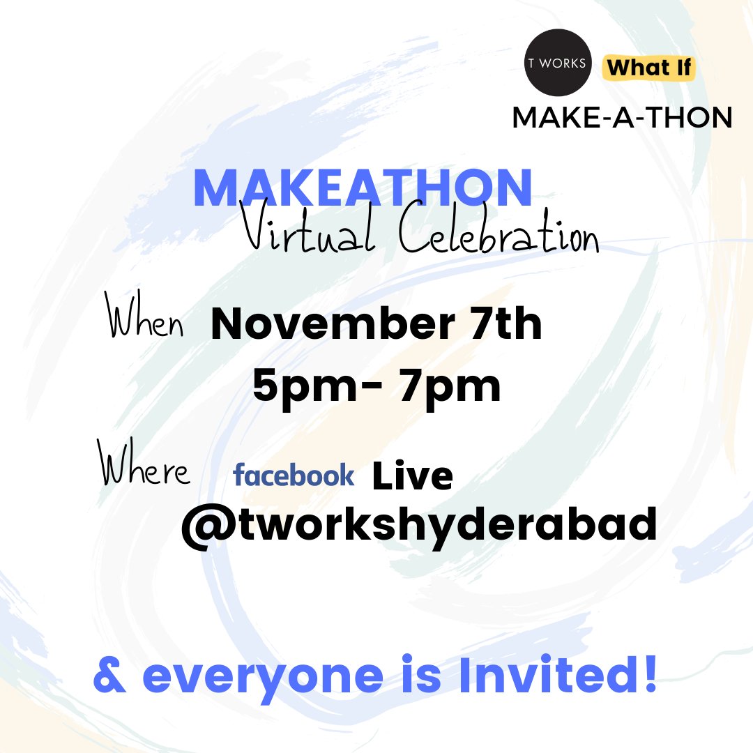 TWorksHyd's tweet photo. After a month, and 15 covid-19 fighting inventions later, we are ready to celebrate our Makethon journey where kids will pitch their unique ideas and makers will showcase their final prototypes! @studio_whatif 

Join us on 7th Nov | 5 PM  @Tworkshyderabad FB Live. https://t.co/p9GR3skRhB