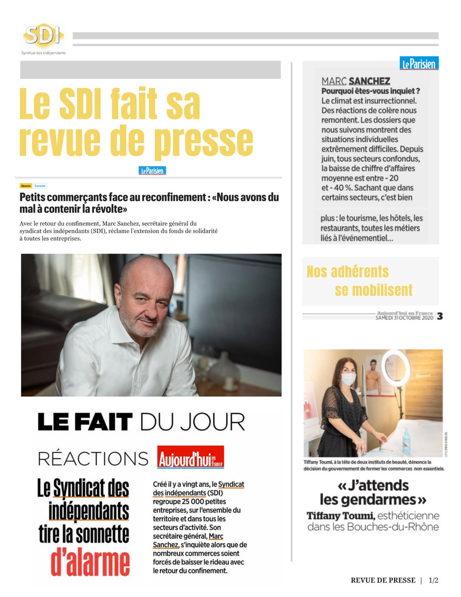 SDI_fr's tweet photo. 📣REVUE DE PRESSE📣 Le SDI porte le message des "non-essentiels" et fait entendre la voix des #TPE !
Retrouvez la revue de presse du SDI en suivant le lien ci-dessous #LockdownNation #Reconfinement
➡️ https://t.co/UgnAHAGZBz https://t.co/6FklQ8aYrZ