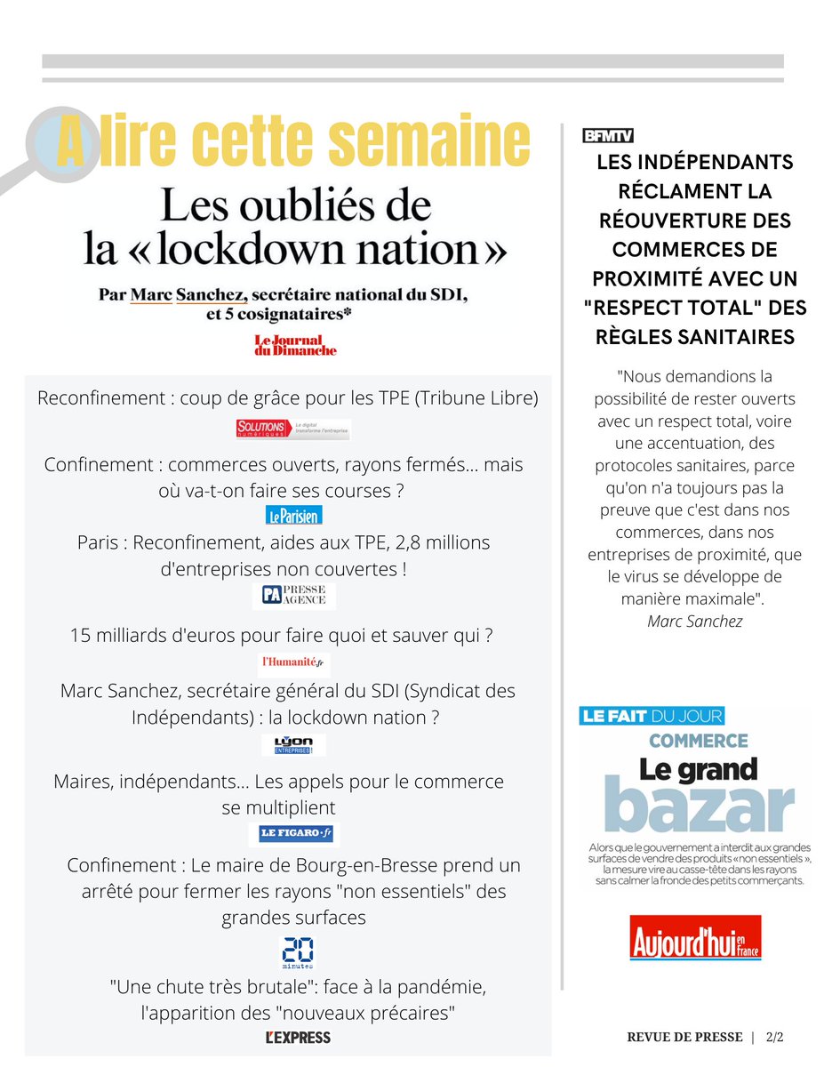 SDI_fr's tweet photo. 📣REVUE DE PRESSE📣 Le SDI porte le message des "non-essentiels" et fait entendre la voix des #TPE !
Retrouvez la revue de presse du SDI en suivant le lien ci-dessous #LockdownNation #Reconfinement
➡️ https://t.co/UgnAHAGZBz https://t.co/6FklQ8aYrZ