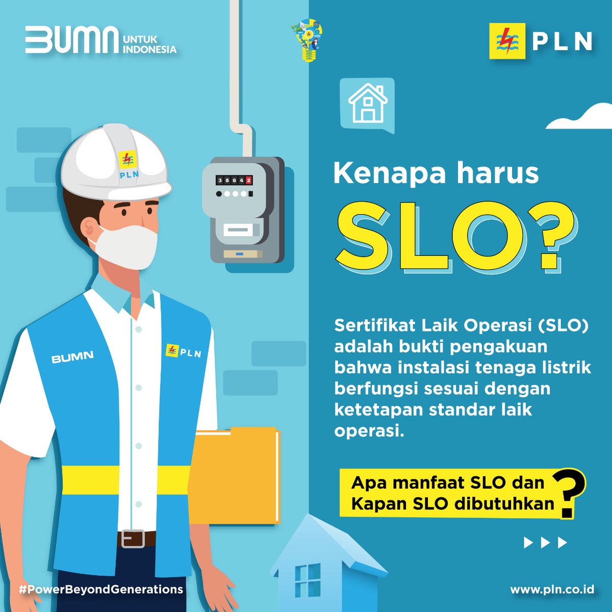 _pln_id's tweet photo. Electrizen tau gak sih apa itu SLO? SLO atau Sertifikat Laik Operasi adalah bukti pengakuan bahwa instalasi listrik di rumah atau bangunan milik Electrizen berfungsi sesuai standar layak operasi
.#PowerBeyondGenerations
#ListrikUntukSemua
#ListrikUntukRakyat https://t.co/jqzTU1mEqv