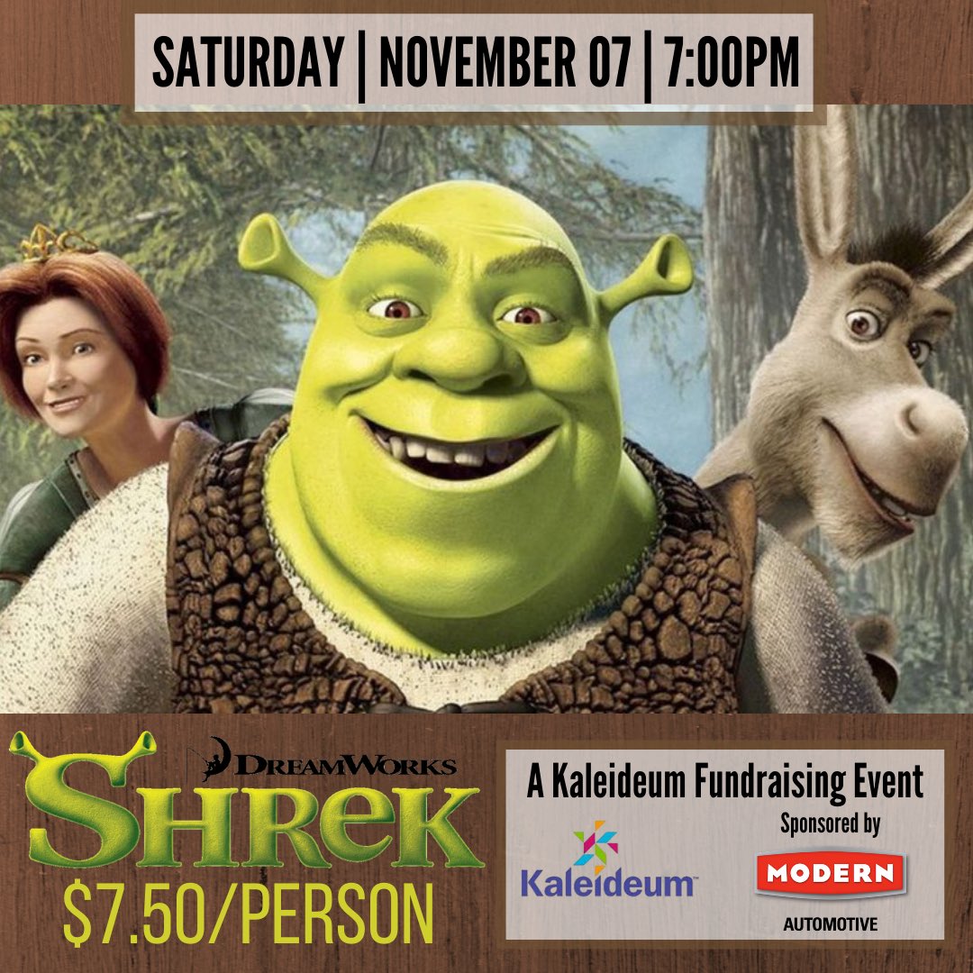 kaleideum's tweet photo. The Shrek! Movie Fundraiser is this Sat night, Nov 7, at  @TheDriveWS ! Get your tickets online: https://t.co/4zvGn5mOJq. Thank you to Modern Automotive (@ModernNissan @moderntoyota @ModernChevrolet) for sponsoring! #shrek #driveinmovie #winstonsalem #mywsnc #kaleideum https://t.co/q4gEhxAMsX