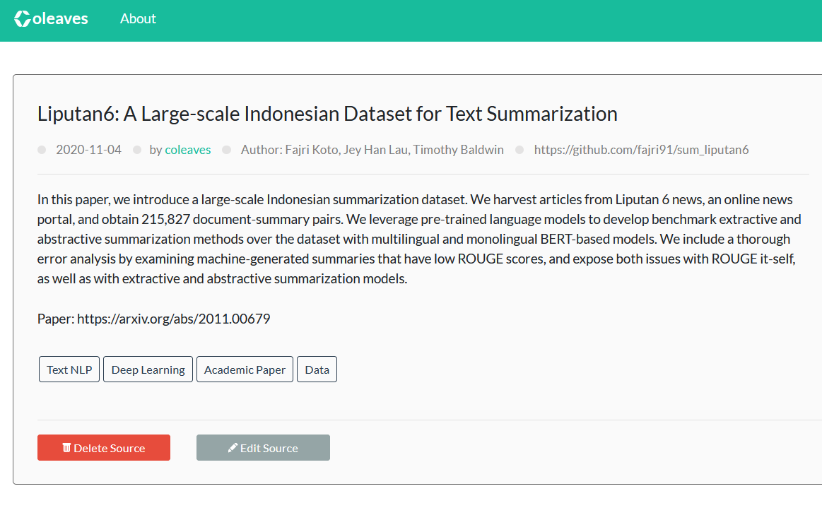 ColeavesAI's tweet photo. Halo Leaves! @FajriKoto membuat academic paper tentang Large Scale Indonesian Dataset untuk Text Summarization yang diterima di AACL-IJCNLP 2020. Nanti datanya akan ditaruh di dalam repositorynya. Ayo dilihat https://t.co/MkruAEONIr ۜ\(סּںסּَ` )/ۜ #DeepLearning https://t.co/TABg7ggJhU