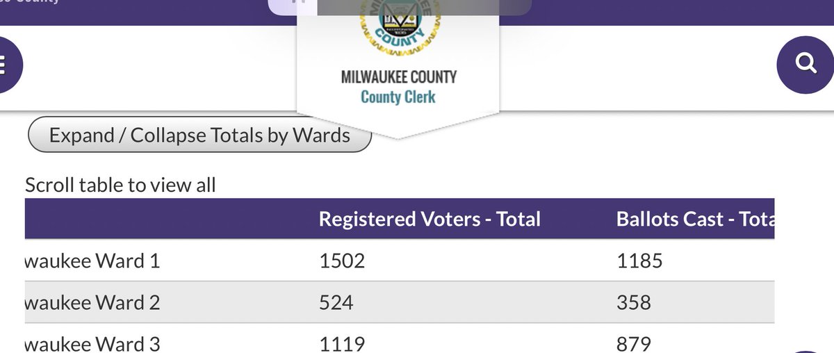 (Additional images to show the headers)  https://county.milwaukee.gov/EN/County-Clerk/Off-Nav/Election-Results/Election-Results-Fall-2020Looking at the example of ward 274:Gov website:593 votes between Trump/Biden611 total votes cast702 registered votersSo... seems fine