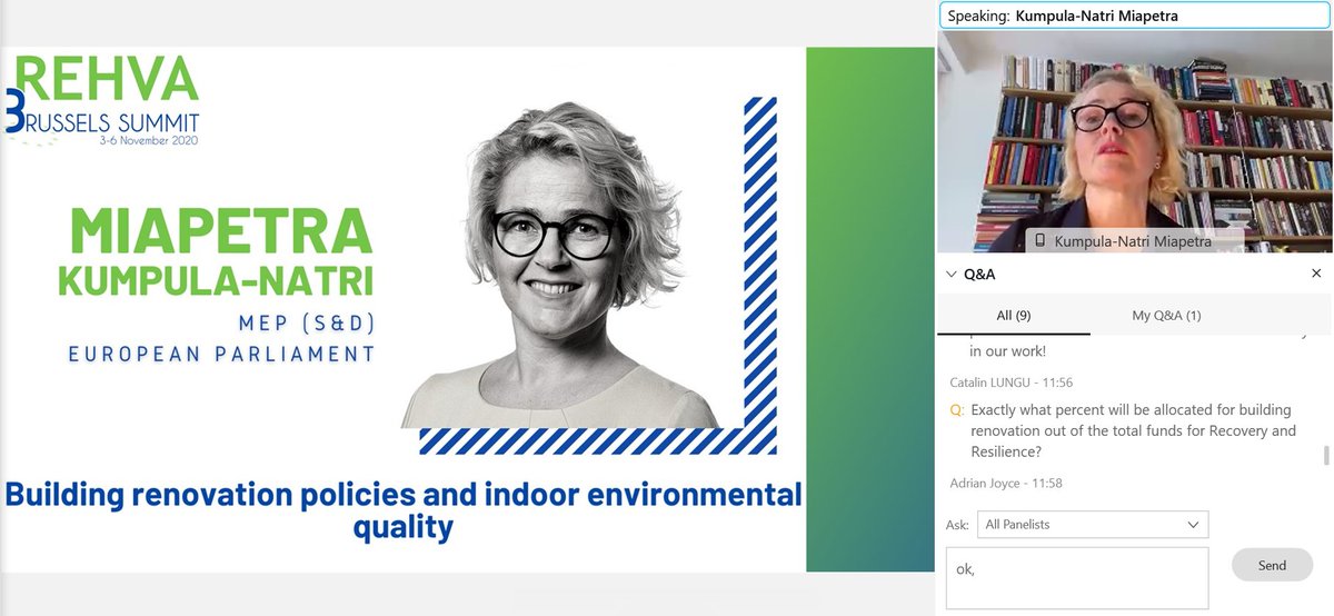 REHVAHVAC's tweet photo. MEP @miapetrakumpula hopes that @EU_Commission will take into account the #Cuffe #report recommendations and that #MemberStates will implement.
@Europarl_EN wishes that the @EU_Commission defines minimum #IEQ criteria in #legislation.
#REHVA #BrusselsSummit2020 https://t.co/gDMDeDfxYi