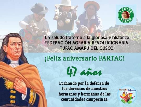 dhsfcusco's tweet photo. #FARTAC
Por su lucha constante al lado de nuestros hermanos y hermanas campesinas y la defensa de sus derechos, enviamos un saludo fraterno a todos y todas quienes son parte de la histórica FEDERACIÓN AGRARIA REVOLUCIONARIA TUPAC AMARU DEL CUSCO, Fartac Cusco. https://t.co/lrNbwGIrGu