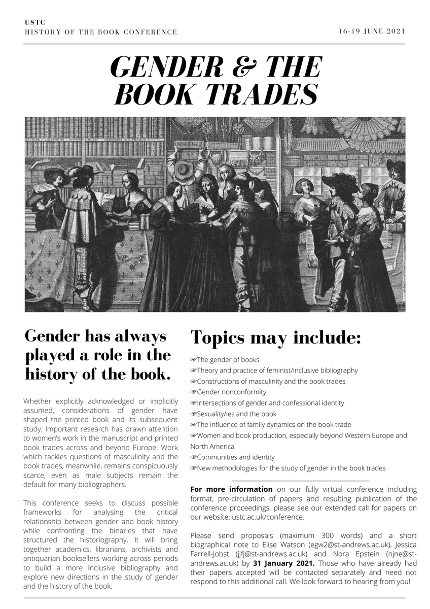 We’re delighted to reopen the #CfP for our 2021 conference, Gender &amp; the Book Trades, with proposals now due on 31 Jan.

This will be our first fully virtual USTC conference, and registration will be open free of charge. 

For more see ustc.ac.uk/conference

#USTC21 #HerBook