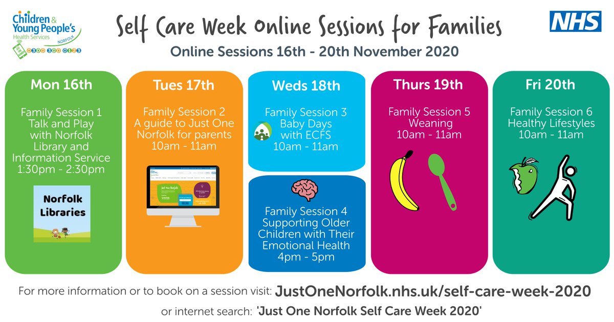 NorfolkCYP's tweet photo. Self Care Week is coming up (16th - 22nd November) and we've put together some mini online sessions hosted by health professionals from the Norfolk Healthy Child Programme. Please share with Norfolk families. Book a place CLICK HERE: https://t.co/NOfiKzXu55 #JONSelfCareWeek2020 https://t.co/oMcjUrNu3B