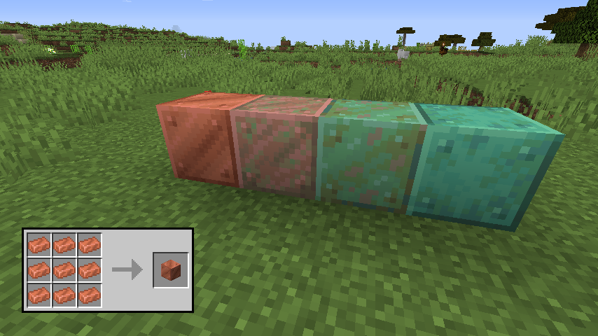 砂利馬 Copper Block 銅のブロック 銅のインゴット 9でクラフトできます 設置後 時間経過により段々と青く酸化していきます ハニカム とクラフトすることで それ以上の酸化を防ぐ その状態で留める ことができます