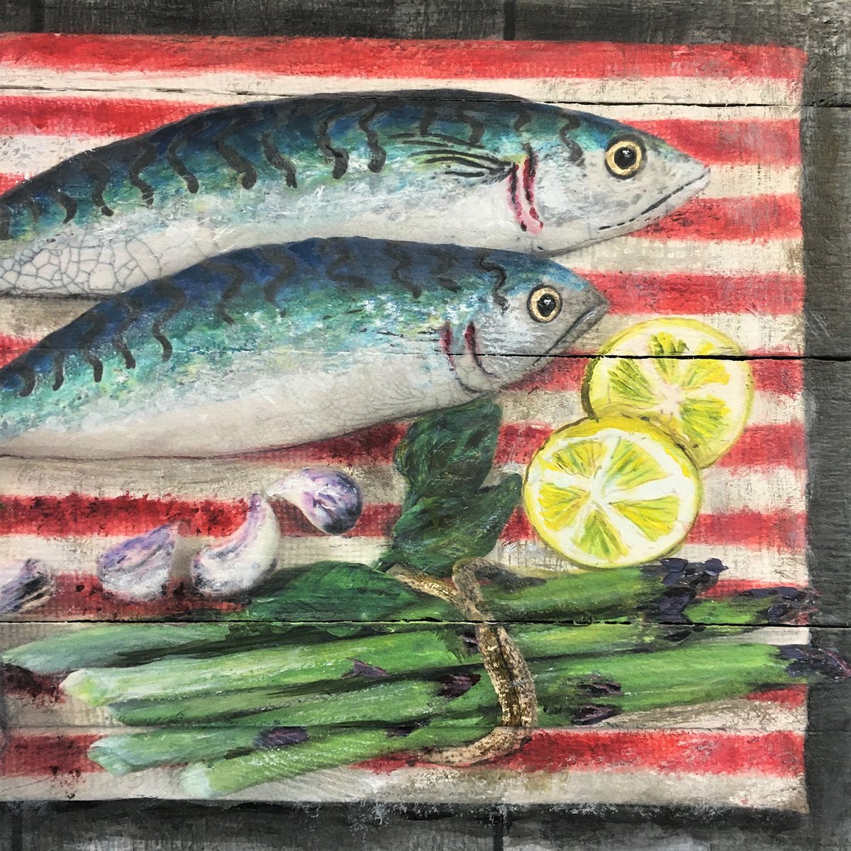 DTonnison's tweet photo. A closeup of one of my NEW reclaimed wood wall panels, Mackerel &amp; Asapagus. Follow me on Instagram for more details: https://t.co/Z6kl9dlNdQ 

#print #woodpanel #handembellished #beautifulart #handmade #wallart #mixedmedia https://t.co/VkwlQrpg5h