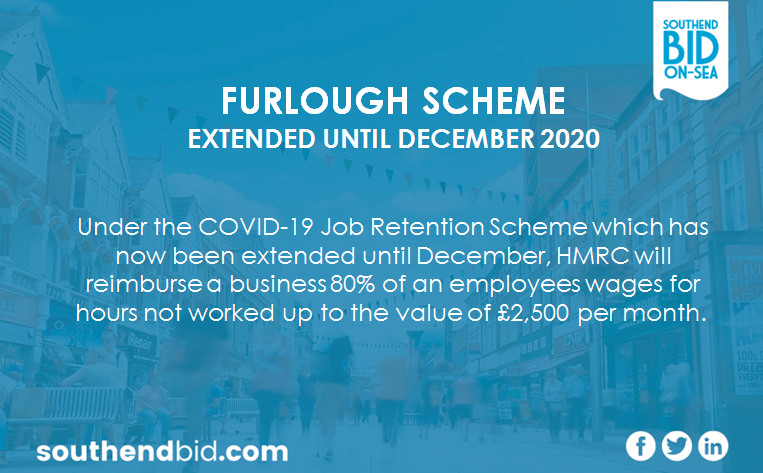 southendcitybid's tweet photo. The furlough scheme has been extended until December. HMRC will reimburse businesses up to 80% of hours not worked.
Support measures available have been summarised at this link: https://t.co/k59zIh3jKo
#Furlough #CRJS #BusinessSupport @businessonsea https://t.co/t7S5X8xU3s