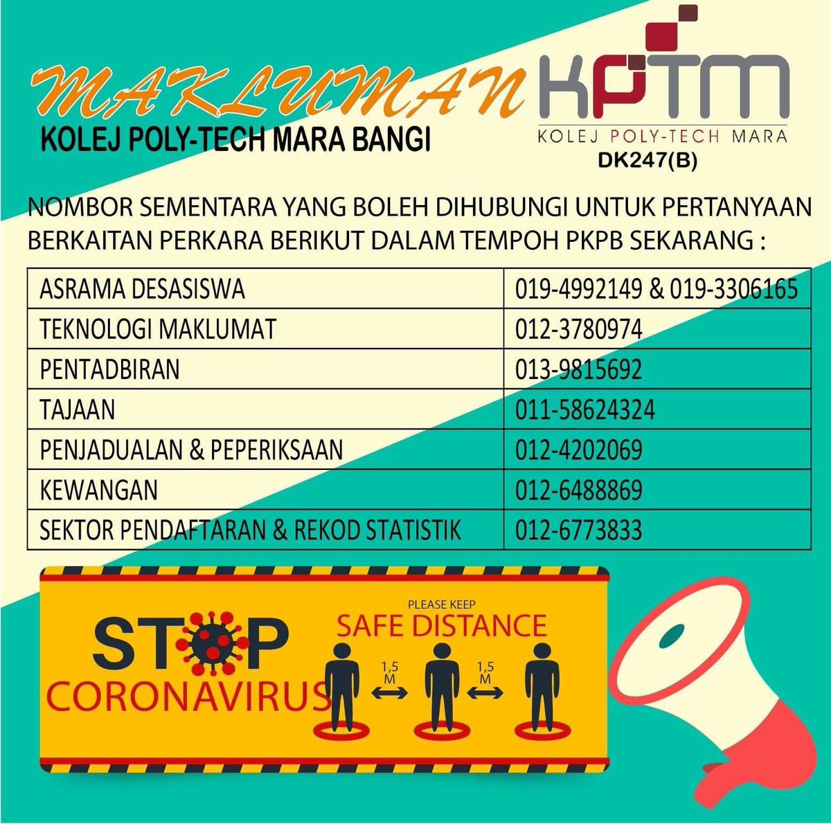 kptmbangi's tweet photo. Assalammualaikum W.B.T. 
NOMBOR SEMENTARA YANG BOLEH DIHUBUNGI UNTUK PERTANYAAN BERKAITAN PERKARA BERIKUT DALAM TEMPOH PKPB SEKARANG.

#jommasukkptmbangi
#kitajagakita https://t.co/jyFSYJJmHK
