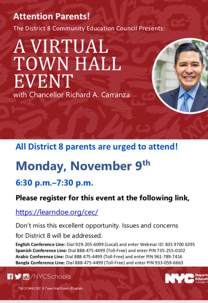 D8Connect's tweet photo. Top 3 reasons to be there - Your child’s education matters📓!Your voice matters 🗣! Your attendance matters✅! Register now https://t.co/WhBqPCaIcQ See you Monday 6 pm👍🏾! #TheChancellorisComing #cec8 https://t.co/wOAO1LdKFi