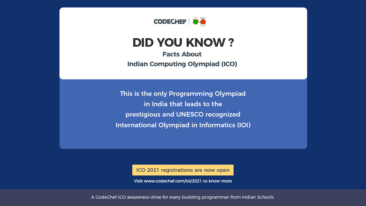 codechef's tweet photo. To register for ICO 2021, click here: https://t.co/d4OnTVdfB3
You are not alone in this quest. Registered students can enroll for CodeChef's free Learning Program to prepare for ICO 2021.
Let India #GoForGold at the International Olympiad in Informatics 2021!
#CodeChefForSchools https://t.co/XCdNG2nfkO