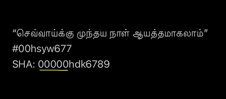 ஒருவேளை பகையூர் படையினர் ஒரு blockஐ எடுத்து வேறு தேதியிட்டு nonce ஐ முயன்று சேர்த்து 00000 என்று தொடங்குவது போல் செய்துவிட்டால்? பிரச்சனை ஆகிவிடும் இல்லையா? ம்... ஆகவே அப்படி செய்வதை பைசாந்தியர்கள் கடினமாக்கவேண்டும். இதற்கு பல blockகள் செய்யவேண்டும். “திங்களன்று ஆயத்தமாகலாம்”,