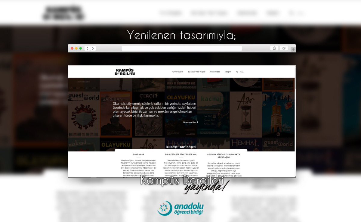 Kampüs dergileri internet sitemiz yenilenen tasarımıyla yayında! 📢 Yenilenen internet sitemize profilimizdeki linki tıklayarak göz atabilirsiniz 🙃